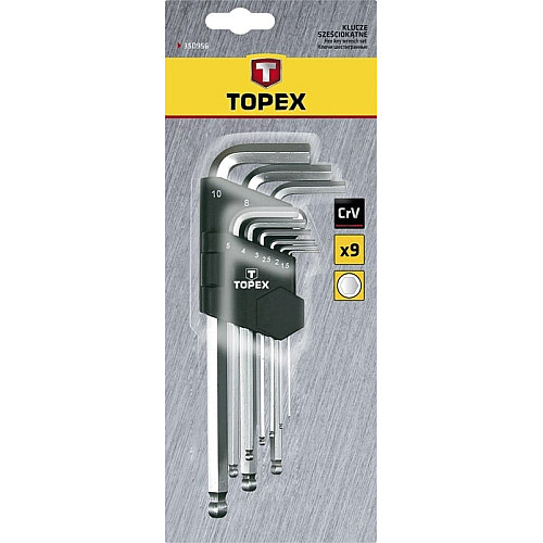 Ключи шестигранные TOPEX, длинные, шаровидный наконечник, CrV, 1.5-10мм, набор 9шт.