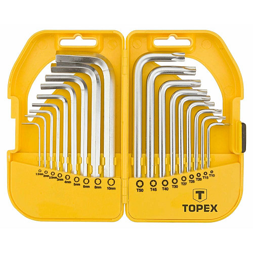 Ключи комбинированные TOPEX шестигранные и Torx CrV, 1.5-10мм, T10-T50 набор 18шт.
