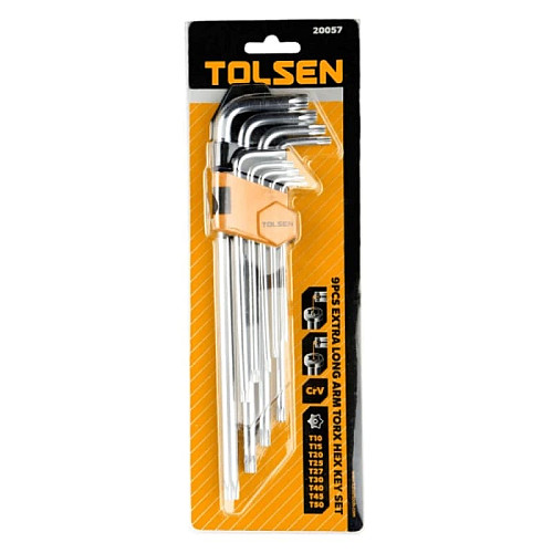 Ключи шестигранные Tolsen, удлиненные, длинные, шаровидный наконечник, Тorx 10-50, CrV, набор 9шт