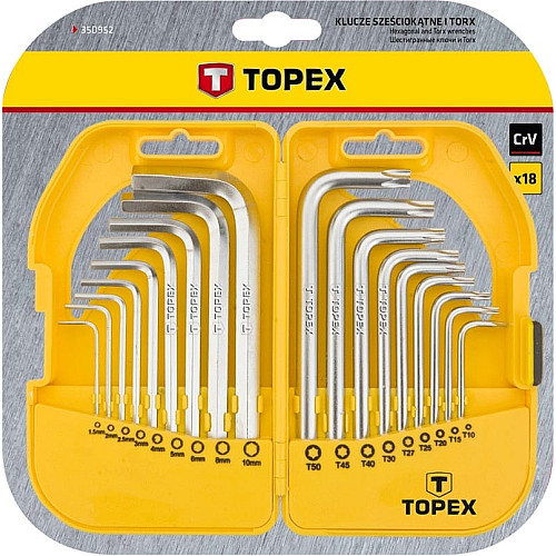 Ключи комбинированные TOPEX шестигранные и Torx CrV, 1.5-10мм, T10-T50 набор 18шт.