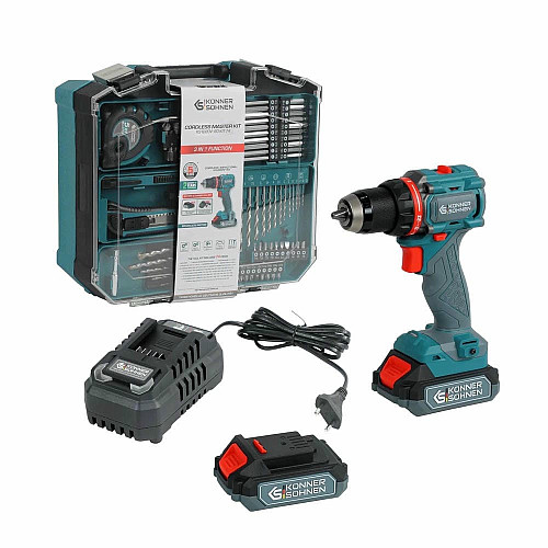 Шуруповерт-дрель ударная аккумуляторная Konner&Sohnen KS ID20V-60 KIT 74 18В 1х2А·час 60Нм 0-450·0-1900об/мин LED-свет ЗУ набор сверл и бит 74шт кейс 4.3кг