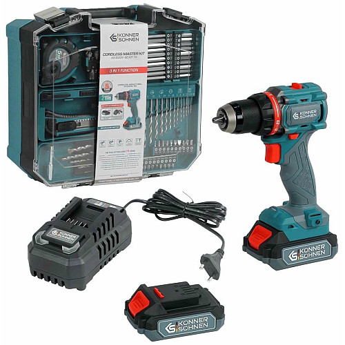 Шуруповерт-дрель ударная аккумуляторная Konner&Sohnen KS ID20V-60 KIT 74 18В 1х2А·час 60Нм 0-450·0-1900об/мин LED-свет ЗУ набор сверл и бит 74шт кейс 4.3кг