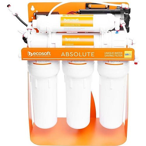 Фільтр зворотного осмосу Ecosoft Absolute з мінералізатором та помпою на станині, мембрана 75gpd DuPont, дренаж 1:1