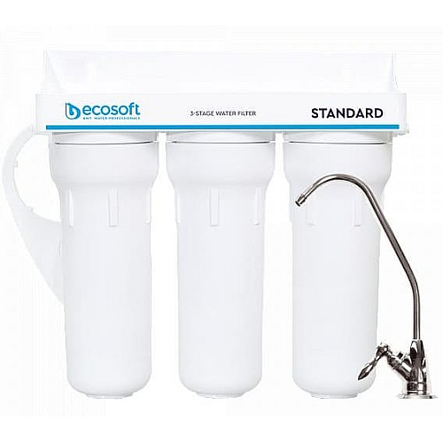 Фильтр проточный трехстадийный Ecosoft Standard, улучшенный комплект картриджей с Ecomix, кран капля