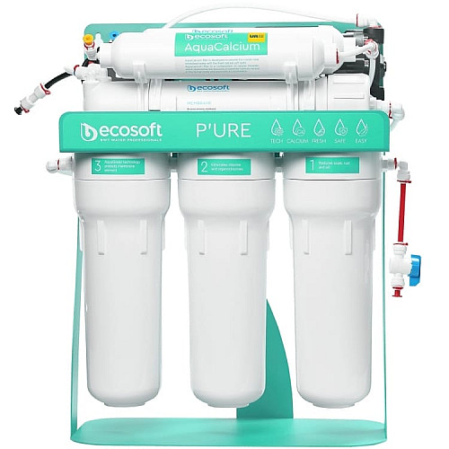 Фільтр зворотного осмосу Ecosoft P’URE AQUACALCIUM Mint з помпою на станині, мембрана 75gpd DuPont, картридж AquaCalcium збагачує мінералами, дренаж 1:1