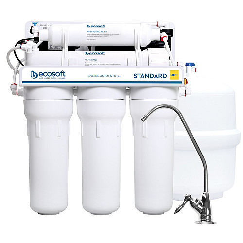 Фільтр зворотного осмосу Ecosoft Standard 5-50P PRO з помпою та мінералізатором, мембрана 50gpd, кран капля, дренаж 1:2