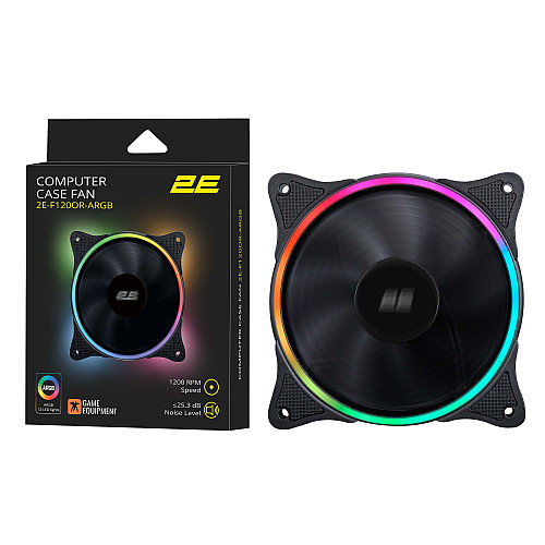 Корпусний вентилятор 2E GAMING F120OR-ARGB, 120мм, 1200rpm, 3pin, 3pin +5VARGB, 25.3dBa, чорний