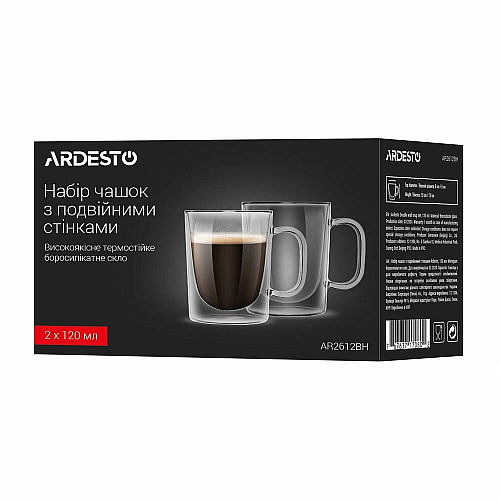 Набор чашек с ручками и двойными стенками ARDESTO, 120мл, 2шт, боросиликатное стекло, прозрачный