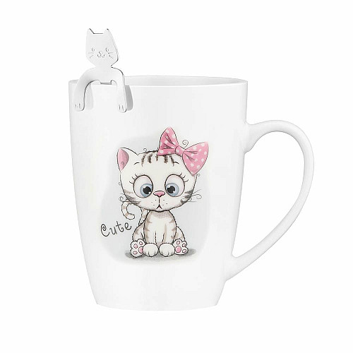 Чашка с ложкой ARDESTO Cute, 320мл, фарфор, нержавеющая сталь, белый