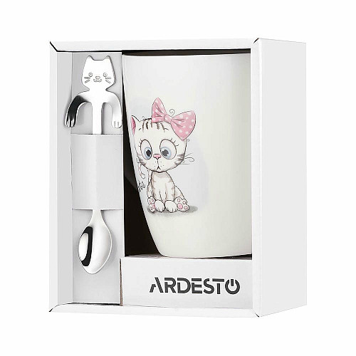 Чашка с ложкой ARDESTO Cute, 320мл, фарфор, нержавеющая сталь, белый