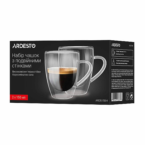 Набор чашек с ручками и двойными стенками ARDESTO, 150мл, 2шт, боросиликатное стекло, прозрачный