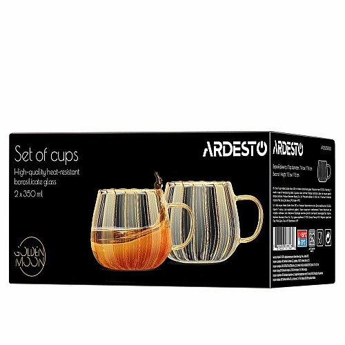 Набор чашек с ручками ARDESTO Golden Moon 350мл, 2шт, боросиликатное стекло, прозрачный