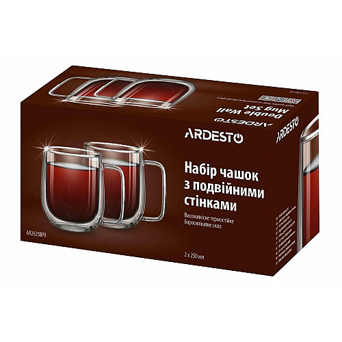 Набор чашек с ручками и двойными стенками ARDESTO, 250мл, 2шт, боросиликатное стекло, прозрачный