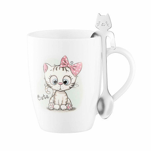 Чашка с ложкой ARDESTO Cute, 320мл, фарфор, нержавеющая сталь, белый