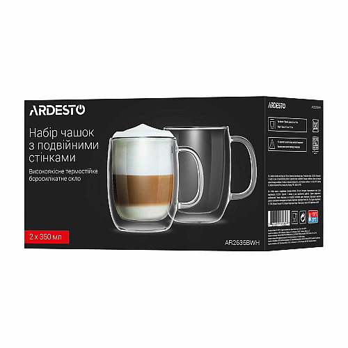 Набор чашек с ручками и двойными стенками ARDESTO, 350мл, 2шт, боросиликатное стекло, прозрачный