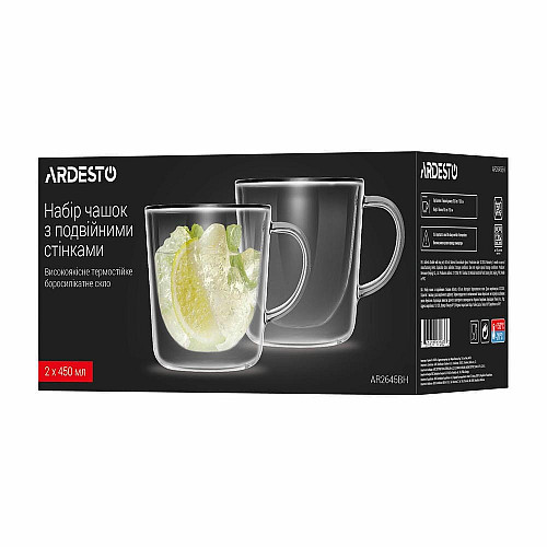 Набор чашек с ручками и двойными стенками ARDESTO, 450мл, 2шт, боросиликатное стекло, прозрачный
