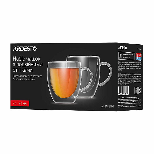 Набор чашек с ручками и двойными стенками ARDESTO, 180мл, 2шт, боросиликатное стекло, прозрачный