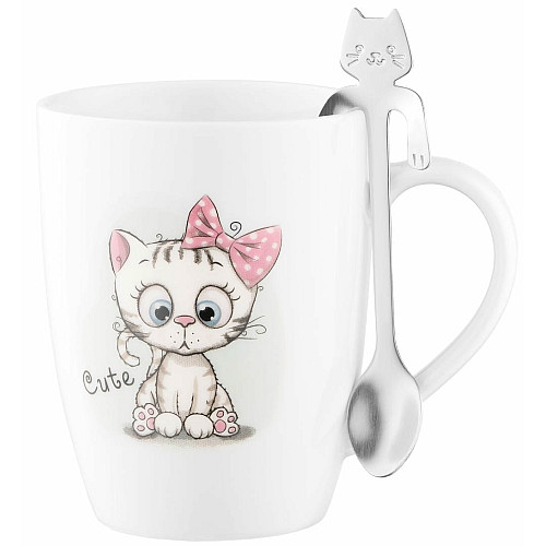 Чашка с ложкой ARDESTO Cute, 320мл, фарфор, нержавеющая сталь, белый