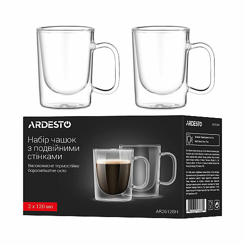 Набор чашек с ручками и двойными стенками ARDESTO, 120мл, 2шт, боросиликатное стекло, прозрачный