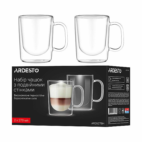 Набор чашек с ручками и двойными стенками ARDESTO, 270мл, 2шт, боросиликатное стекло, прозрачный