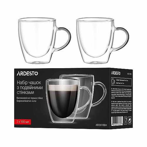 Набор чашек с ручками и двойными стенками ARDESTO, 100мл, 2шт, боросиликатное стекло, прозрачный