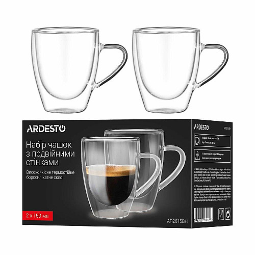 Набор чашек с ручками и двойными стенками ARDESTO, 150мл, 2шт, боросиликатное стекло, прозрачный