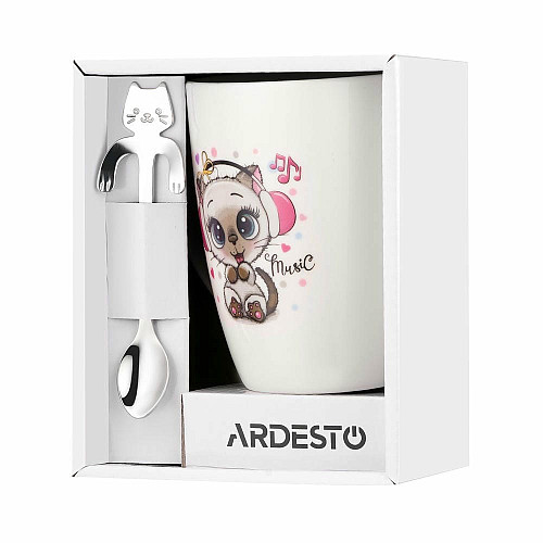 Чашка с ложкой ARDESTO Music, 320мл, фарфор, нержавеющая сталь, белый