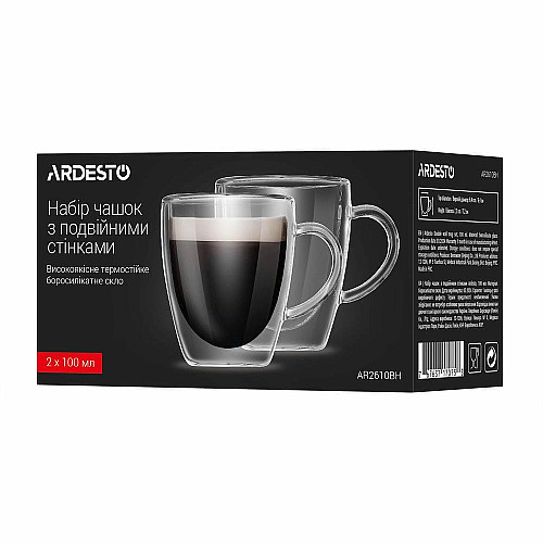 Набор чашек с ручками и двойными стенками ARDESTO, 100мл, 2шт, боросиликатное стекло, прозрачный