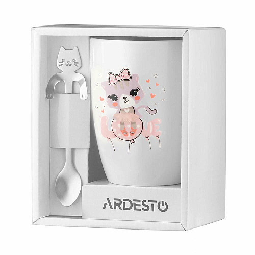 Чашка с ложкой ARDESTO Love, 320мл, фарфор, нержавеющая сталь, белый