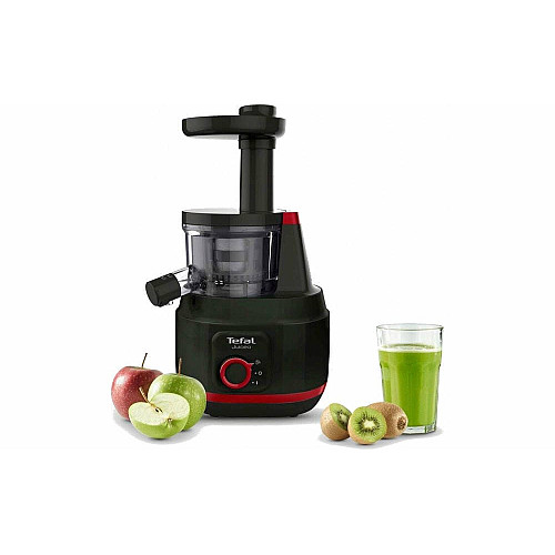 Соковитискач Tefal Juiceo шнековий 150Вт, чаша-0.8л, жмих-0.8л, насадка для цитрусових, пластик, червоно-чорний
