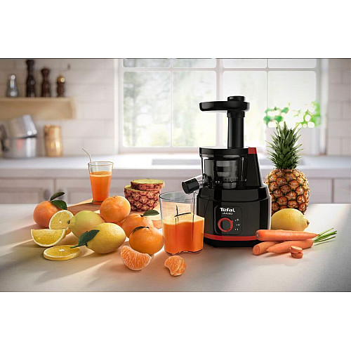 Соковитискач Tefal Juiceo шнековий 150Вт, чаша-0.8л, жмих-0.8л, насадка для цитрусових, пластик, червоно-чорний