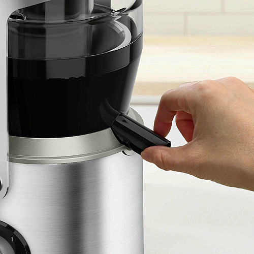 Соковыжималка Tefal Nutri XXL отцентрированная 1000Вт, чаша-0.8л, жмых-2.2л, желоб на целое яблоко, пластик/металл, черно-нержавеющая сталь.