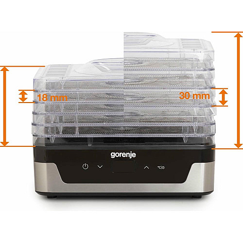 Сушарка для продуктів Gorenje 230Вт, піддонів - 5x2.8см, діаметр - 29см, макс - 75°С, електр.упр,білий