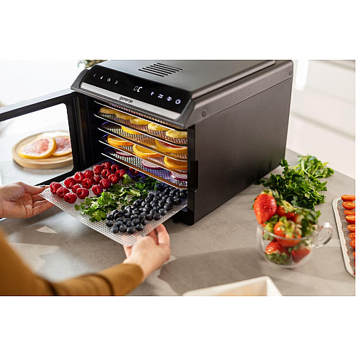 Сушарка для продуктів Gorenje 580Вт, піддонів - 6x1.5см, діаметр - 25см, макс - 75°С, дисплей, пластик+метал, чорний
