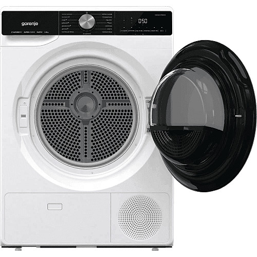 Сушильна машина Gorenje тепловий насос, 9кг, A++, 60см, дисплей, 15 програм, підсвітка барабану, білий