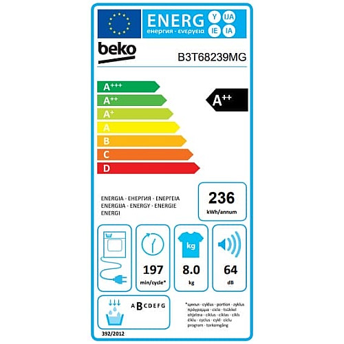 Сушильна машина Beko тепловий насос, 8кг, A++, 60см, дисплей, підсвітка барабану, сірий