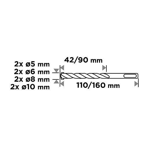 Набір свердел по бетону GRAPHITE SDS Plus 5x6x8х110мм, 5х6x8x10x160мм, кейс, 8шт