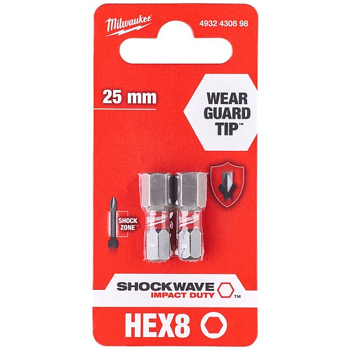 Биты Milwaukee Shockwave, Hex8х25мм, набор 2шт