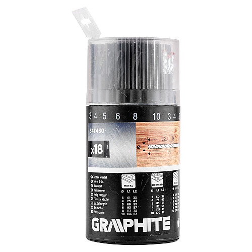 Набор сверл GRAPHITE по металлу, дереву, кирпичу: 3-6, 8, 10 мм, 18шт.