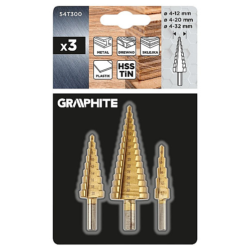 Сверло ступенчатое GRAPHITE TiN, 4x12/20/32мм, набор 3шт, 0.22кг