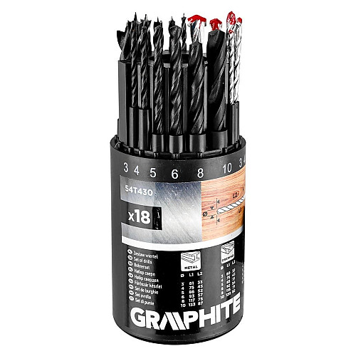 Набор сверл GRAPHITE по металлу, дереву, кирпичу: 3-6, 8, 10 мм, 18шт.