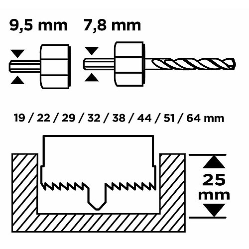 Коронки по дереву GRAPHITE 19, 22,29,32,38,44,51,64мм, 2 адаптери, кейс 12шт
