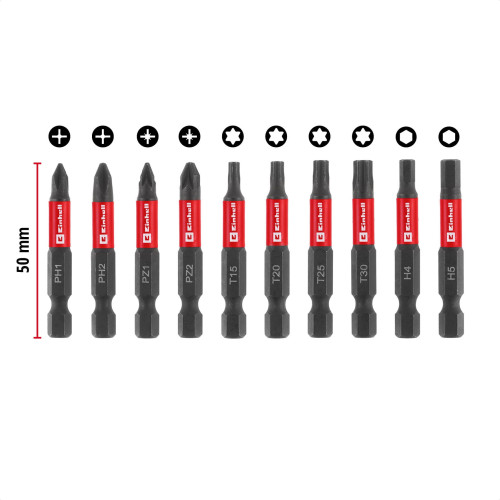 Біти Einhell 50мм бітотримач з карабіном, PH, PZ, T, H набір 10шт