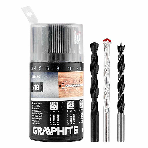 Набор сверл GRAPHITE по металлу, дереву, кирпичу: 3-6, 8, 10 мм, 18шт.