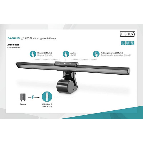 Світильник DIGITUS LED Monitor Light, 5W, 250lm, чорний