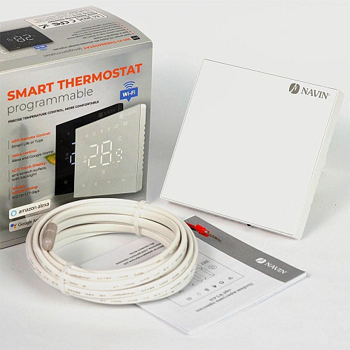 Терморегулятор Navin WT410W-16A 5...35 °C для теплого пола электронный Wi-Fi Tuya, Smart Life встроенный проводной датчик 16A 230В белый