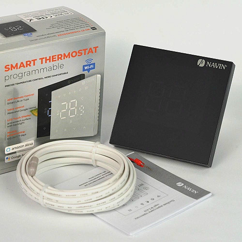 Терморегулятор Navin WT410B-16А 5...35 °C для теплого пола электронный Wi-Fi Tuya, Smart Life встроенный проводной датчик 16A 230В черный