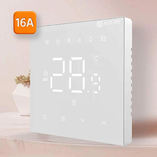 Терморегулятор Navin WT410W-16A 5...35 °C для теплого пола электронный Wi-Fi Tuya, Smart Life встроенный проводной датчик 16A 230В белый