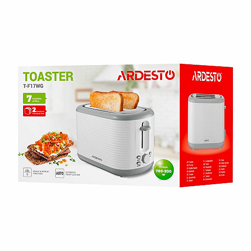 Тостер ARDESTO White stripes T-F17WG 930Вт, пластик, білий+сірий