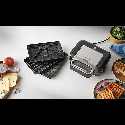 Мультимейкер Russell Hobbs, 750Вт, комплект-3 пластини, алюміній, корпус-нержав.сталь, пластик, чорний-срібний